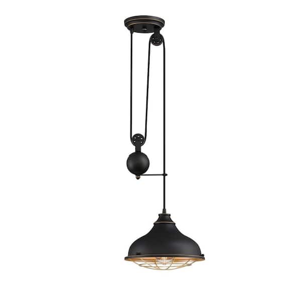 Westinghouse Chaves 1-Light Black-Bronze with Highlights Pulley Pendant Barn Light and Golden Brass Cage Shade