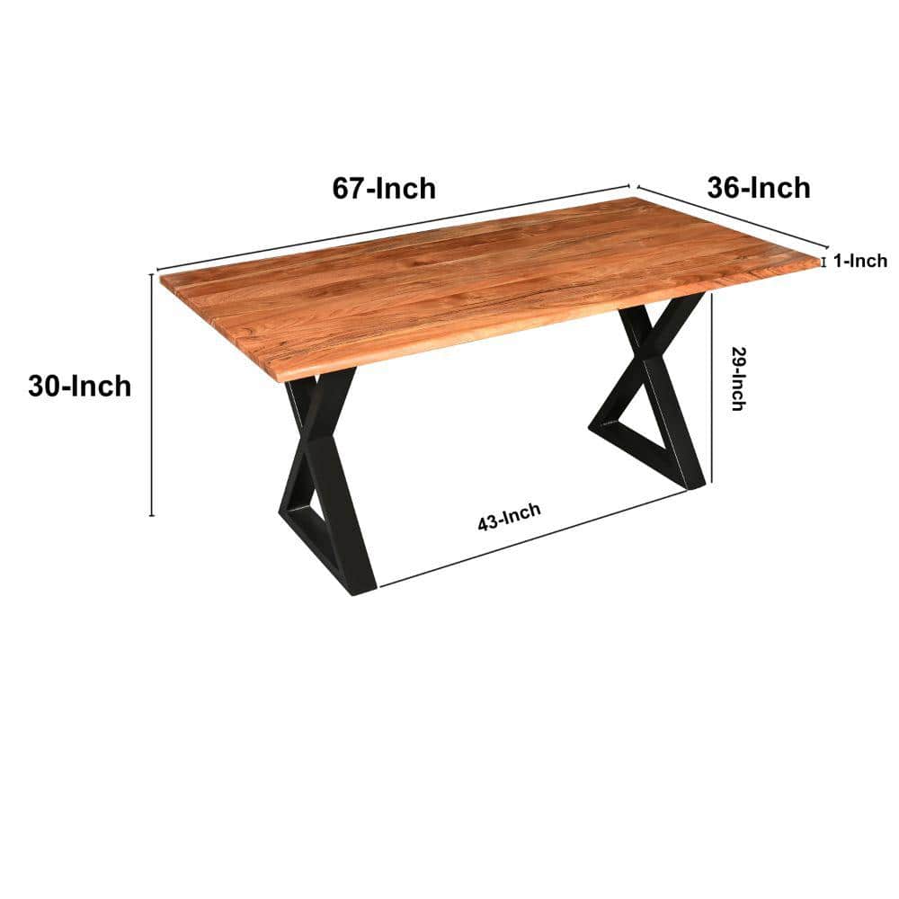 67-Inch Natural Brown Acacia Wood Dining Table with Black Iron Legs