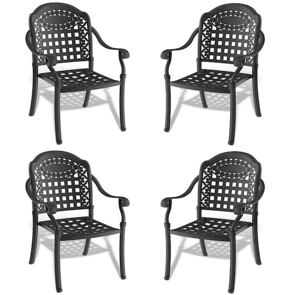 Cast Aluminum Outdoor Patio Dining Chair 4PCS with Black Frame and Blue Cushions