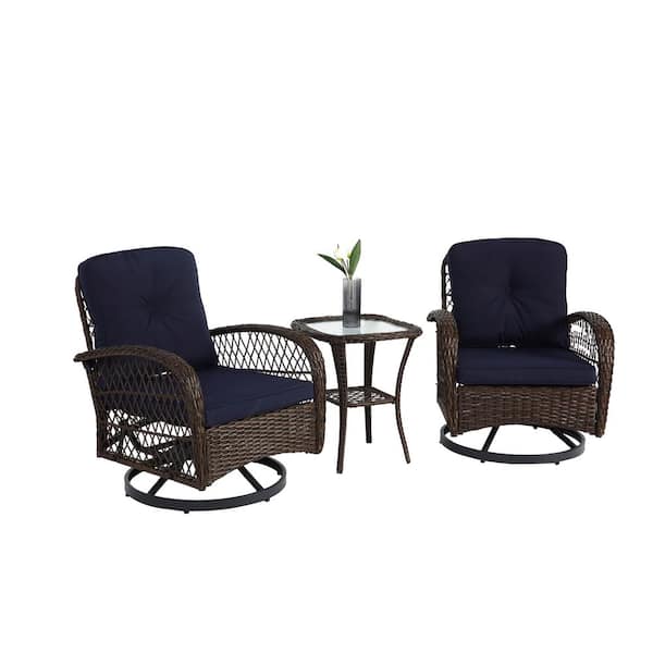 3 Pieces Metal Outdoor Rocking Chairs with Navy blue Cushions and Glass Coffee Table