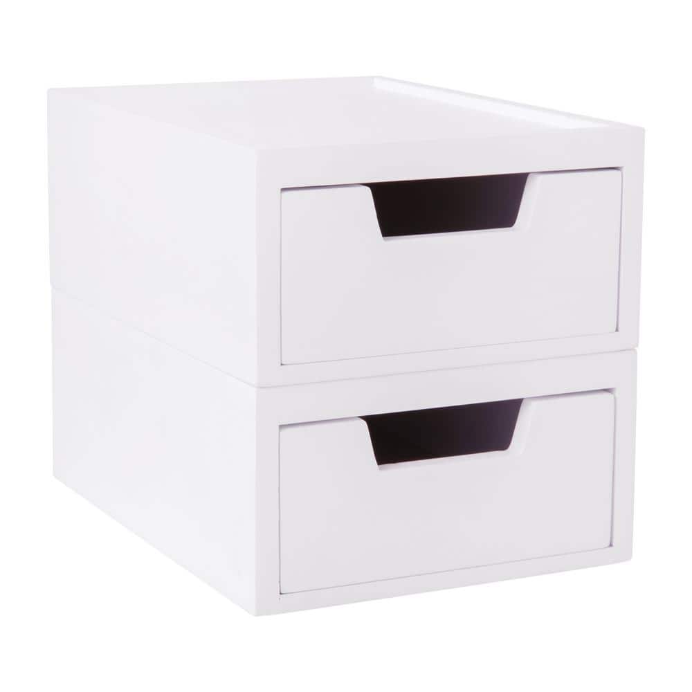 White Stackable Wooden Storage Boxes with Pullout Drawers, 2 Pack