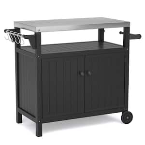 Outdoor Stainless Steel Tabletop 2 Door Grill Cart for BBQ, Patio Cabinet with Wheels, Hooks and Side Shelf in Black