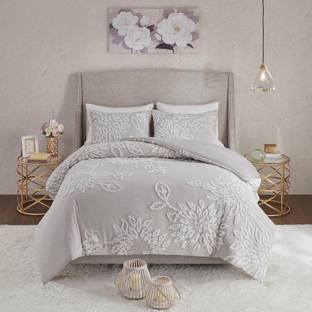 Shabby Chic Grey & White Cotton Chenille Floral Duvet Set - King/Cal King