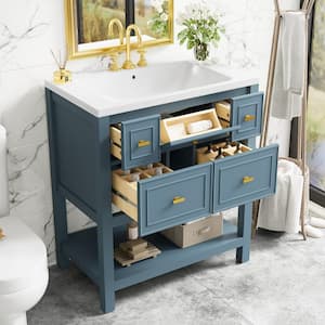 30 in. W Single Sink Freestanding Bath Vanity in Blue with White Resin Top and 5 Drawers