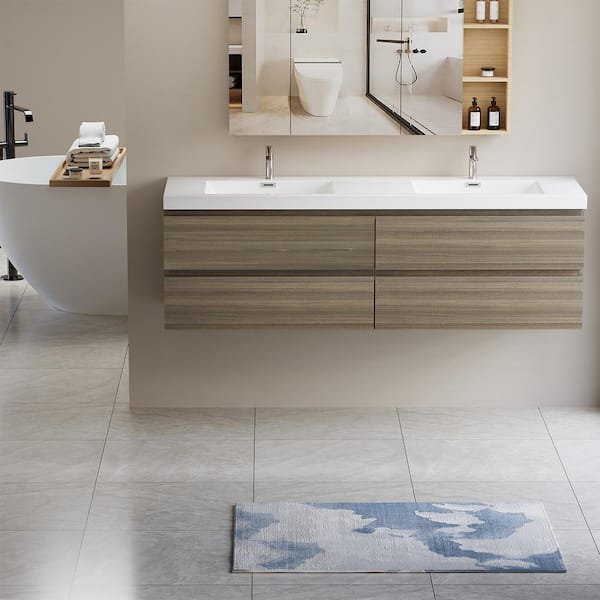 HBEZON Achilles 71 in. W x 20 in. D x 22.5 in. H Double Sink Floating Bath Vanity in Ash Grey with White Resin Top