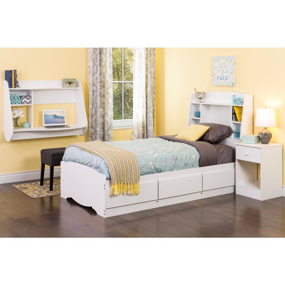 White Twin Wood Bookcase Headboard with Storage