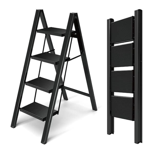 4-Step Aluminum Lightweight Folding Step Ladder (9 ft. Reach), 330 lb. Load Capacity Type IA Duty Rating Black