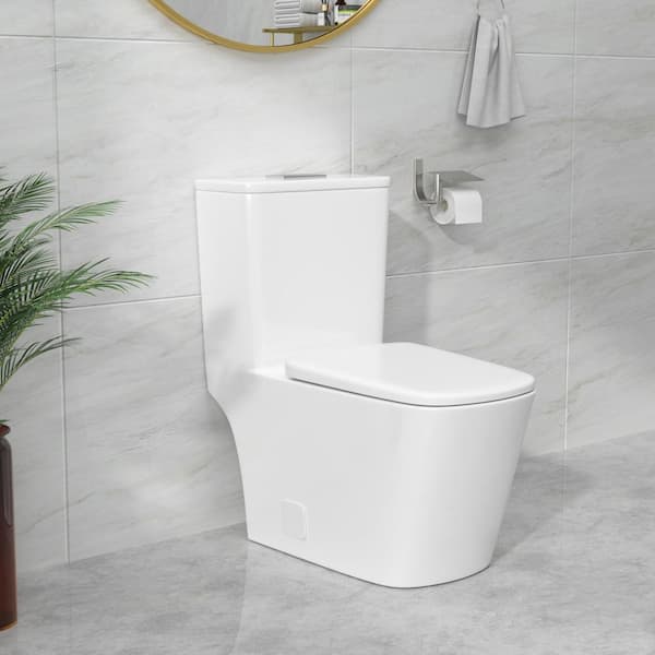 1-Piece 1.6/1.1 GPF High Efficiency Dual Flush Elongated Toilet in Glossy White with Slow-Close and Seat