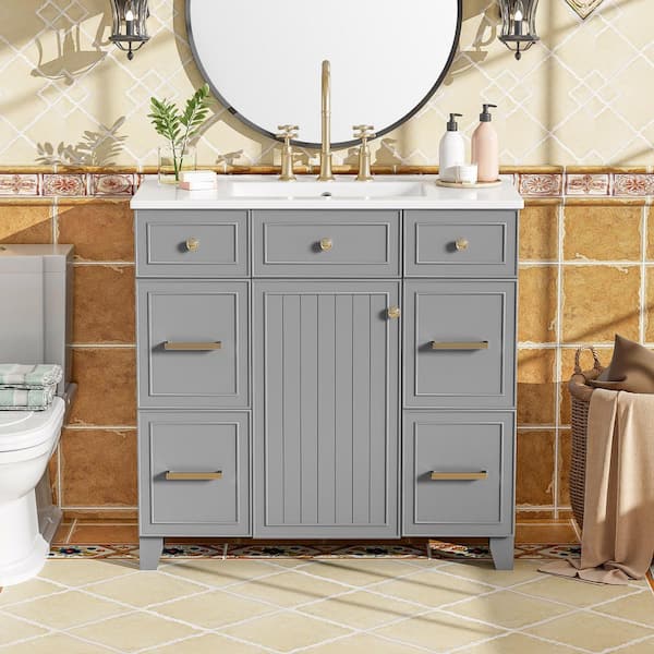 JimsMaison 36 in. W x 18 in. D x 34 in. H Single Sink Freestanding Bath Vanity in Gray with White Ceramic Top