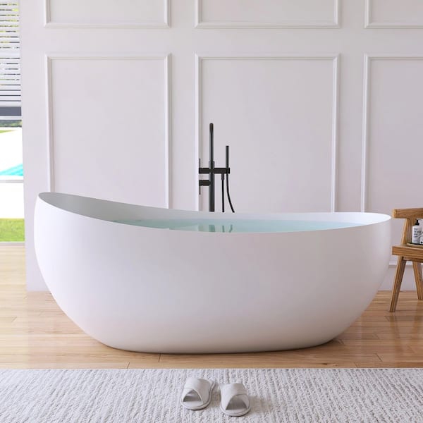 MEDUNJESS 63 in. x 31 in. Stone Resin Solid Surface Flatbottom Freestanding Soaking Bathtub in White