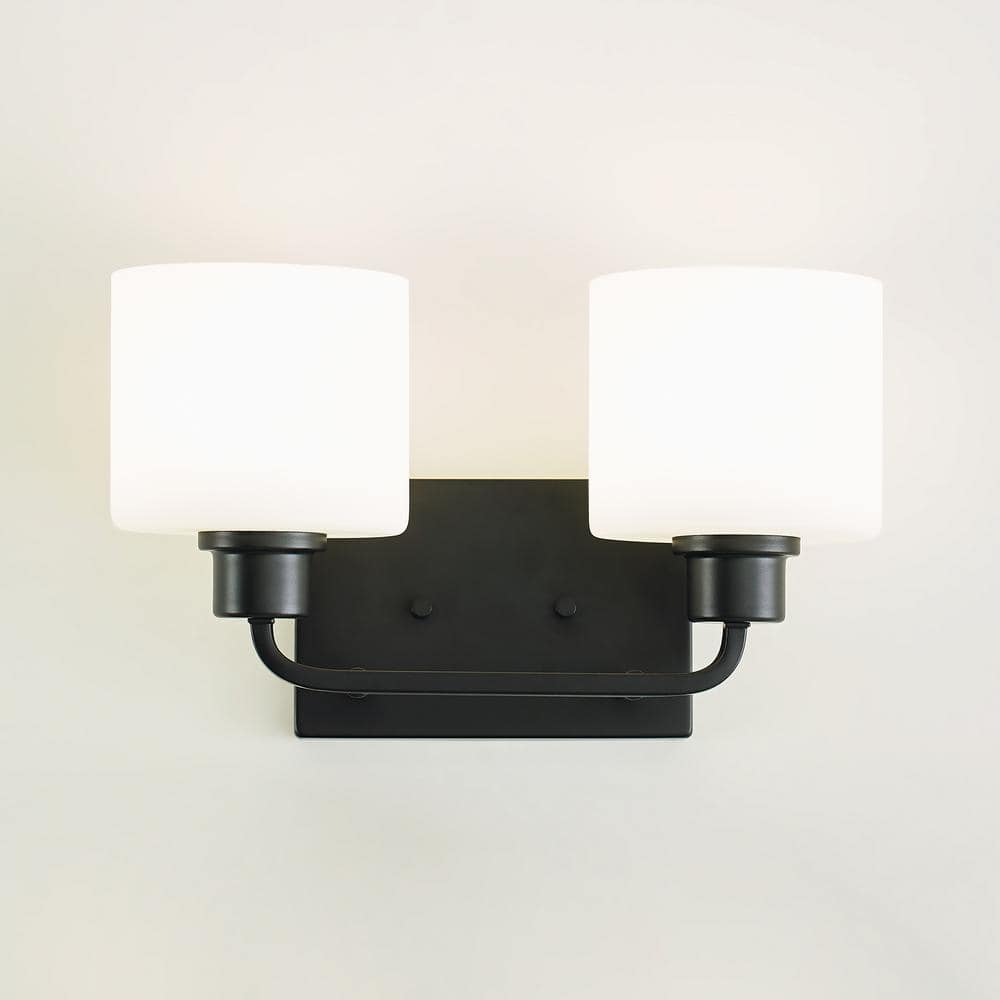 Midnight Black 2-Light Vanity Fixture with Etched Glass Shades