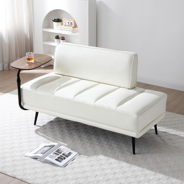 J&E Home 55 in. Beige 2 Seat Sofa Chair Faux Leather Couch Bedroom Bench With Back and 360° Swivel Tray