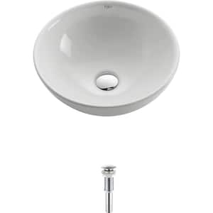 Soft Round Ceramic Vessel Bathroom Sink in White with Pop Up Drain in Chrome