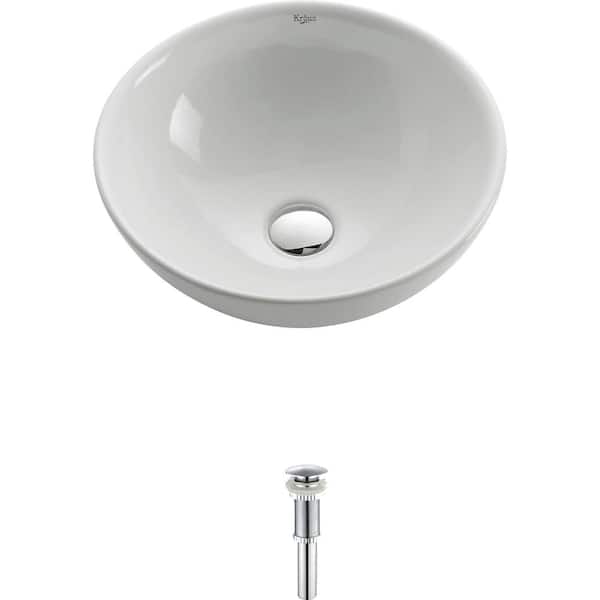 KRAUS Soft Round Ceramic Vessel Bathroom Sink in White with Pop Up Drain in Chrome