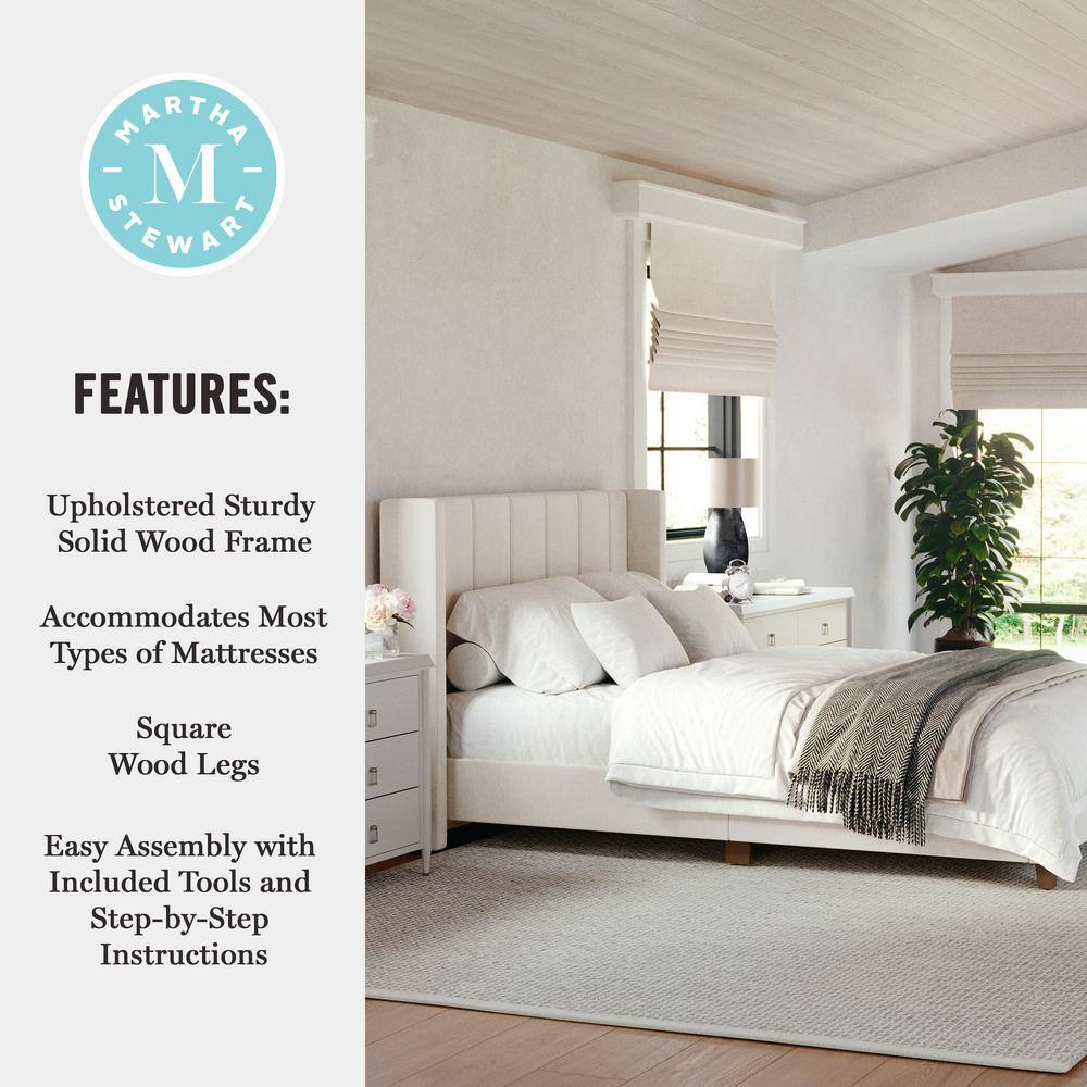Beige Linen Upholstered Full Platform Bed with Wood Frame