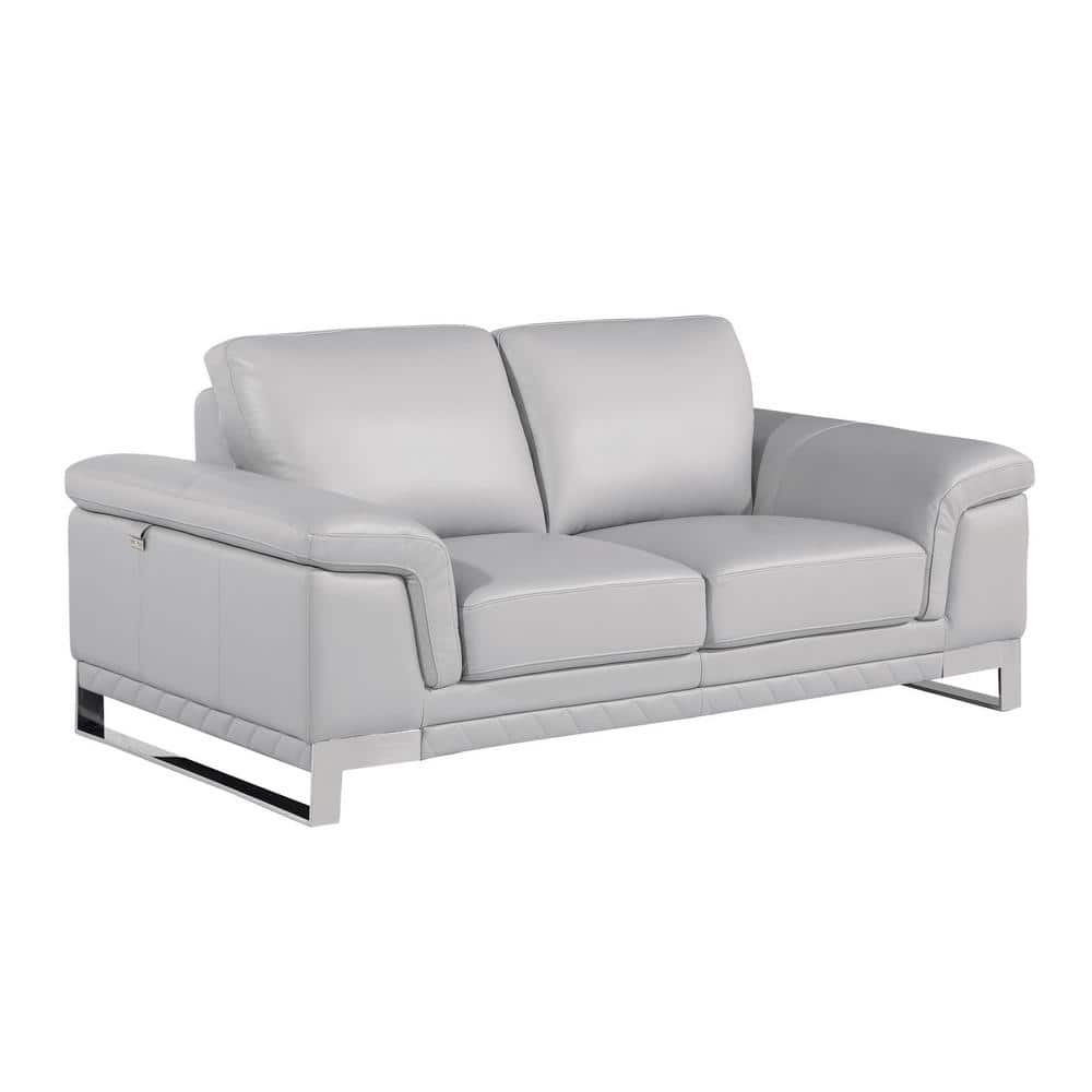 Light Gray Leather Loveseat with Pillow-top Arms and Wood Frame
