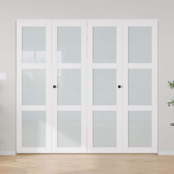 84 in. x 80 in. 3-Lite Frosted Glass White Finished Solid MDF Bi-Fold Door with Hardware Kit
