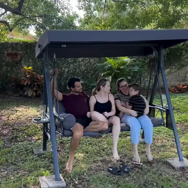 3-Person Grey Outdoor All-Weather Steel Frame Porch Swing with Adjustable Tilt Canopy, Cushions and Pillow Included