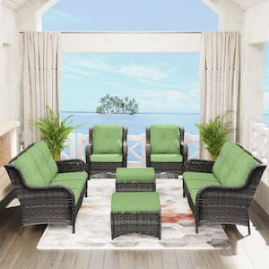 6-Piece Wicker Outdoor Patio Conversation Lounge Chair Sofa Set with Green Cushions and Ottomans