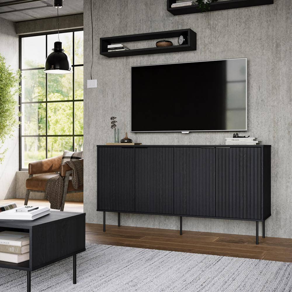 Lysander Black Wood Fluted Sideboard Buffet Cabinet