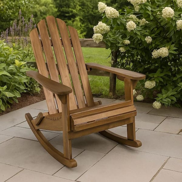 Dark Brown Wood Adirondack Patio Outdoor Rocking Chair with Slatted Back and Slope Arms