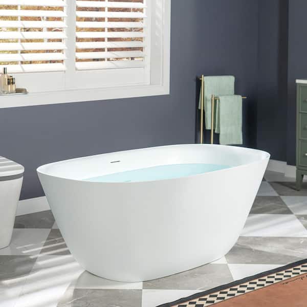 59 in. L x 32.63 in. W Luxury Solid Surface Stone Resin Freestanding Soaking Bathtub with Center Drain in Matte White