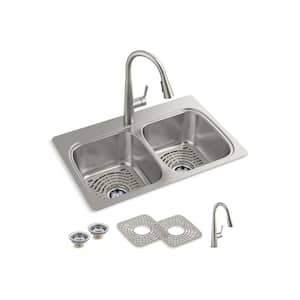 Verse Stainless Steel 33 in. Double Bowl Drop-In Kitchen Sink with Faucet