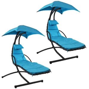 2-Piece Steel Outdoor Floating Chaise Lounge Chair with Canopy and Teal Cushions