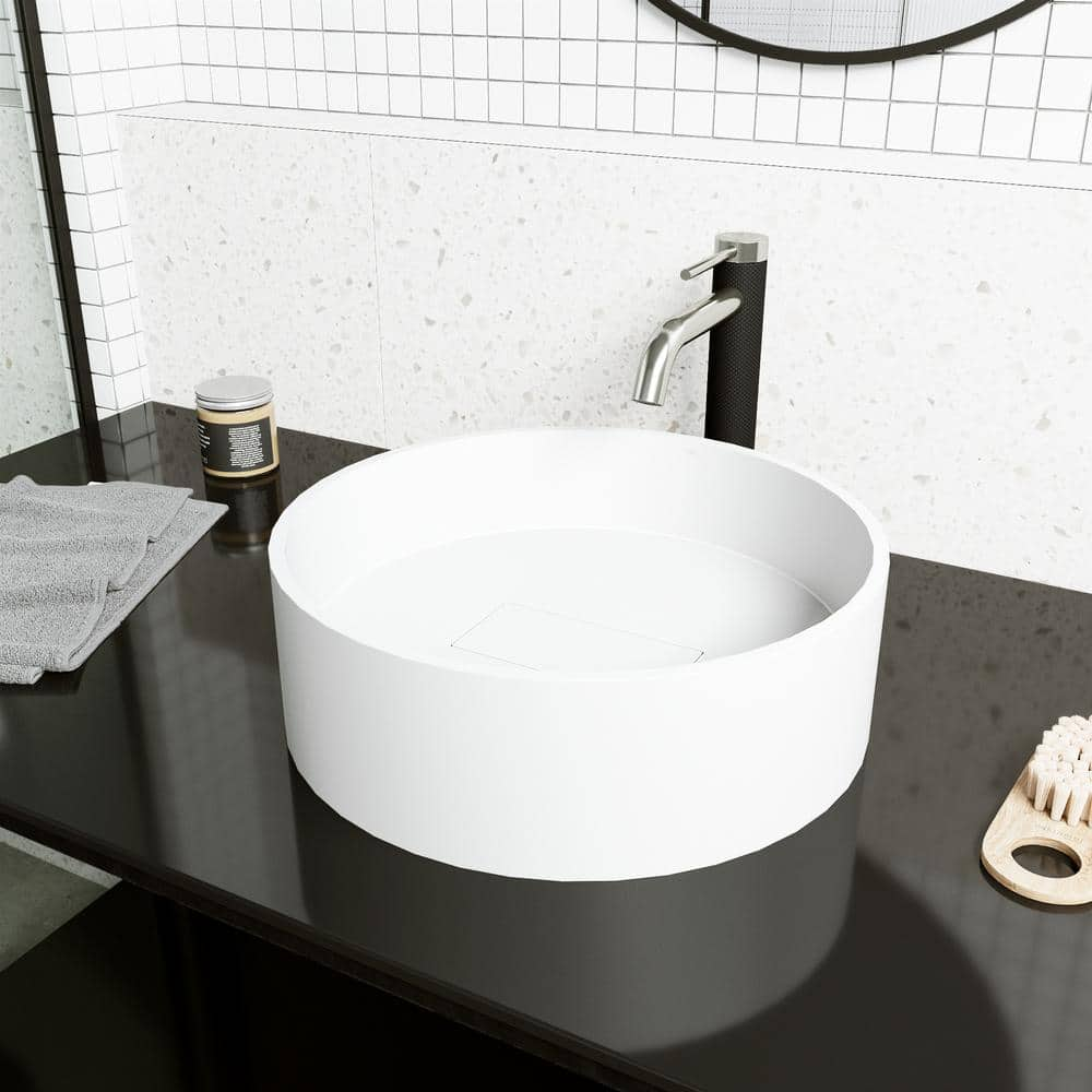 VIGO Matte Stone Bryant Composite Round Vessel Bathroom Sink in White with Lexington Faucet and Drain in Brushed Nickel