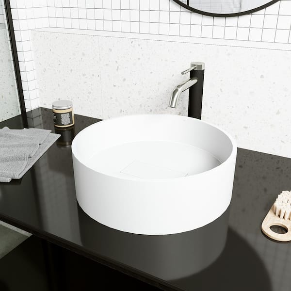 VIGO Bryant Modern White Matte Stone 15 in. L x 15 in. W x 5 in. H Round Vessel Bathroom Sink