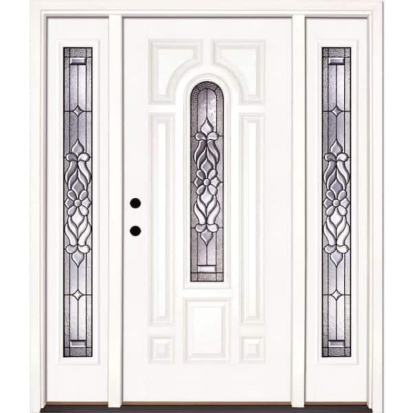 Feather River Doors 59.5 in.x81.625in.Lakewood Patina Center Arch Lt Unfinished Smooth Right-Hand Fiberglass Prehung Front Door w/Sidelites