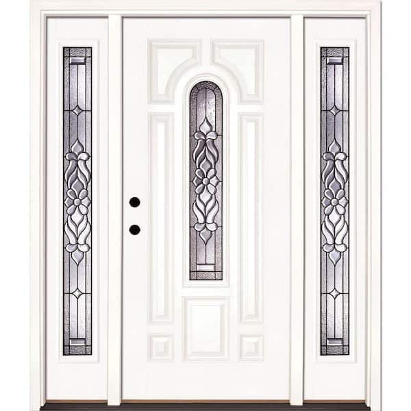 Feather River Doors 67.5 in.x81.625in.Lakewood Patina Center Arch Lt Unfinished Smooth Right-Hand Fiberglass Prehung Front Door w/Sidelites