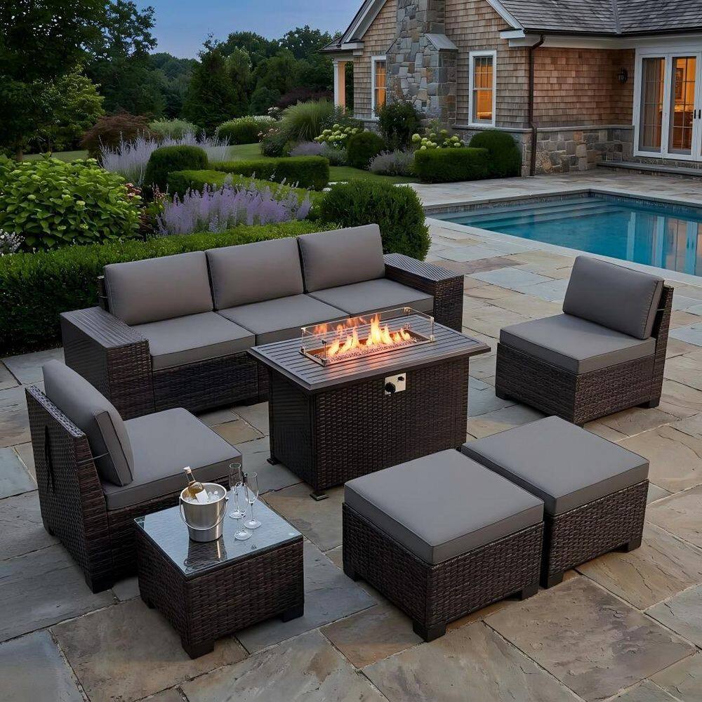 10-Piece Wicker Patio Conversation Set with 8 Seats,Fire Pit Table, Ottomans and Cushion Gray,Footrest,Garden price history on PriceWatchPro