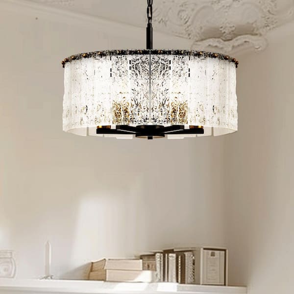 Briignite 5-Light Black and Gold Drum Pendant Chandelier Adjustable Height Lighting for Living Room and No Bulbs Included