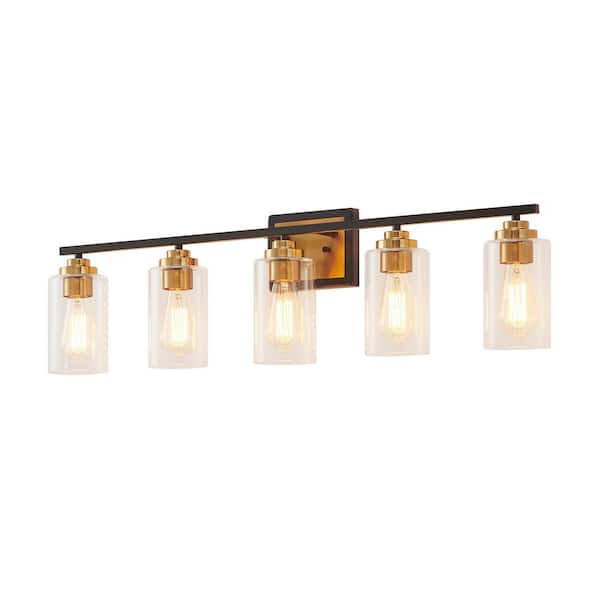 35 in. 5-Light Black and Brass Vanity Light with Clear Glass Shades
