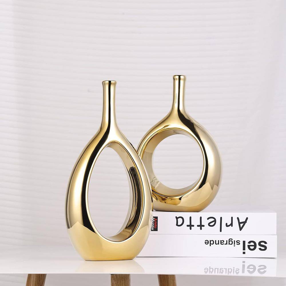 Glossy Gold Ceramic Ellipse Hollow Table Vase Set