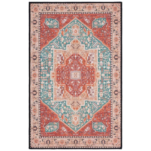 SAFAVIEH Tucson Aqua/Rust Doormat 3 ft. x 5 ft. Machine Washable Floral Border Area Rug