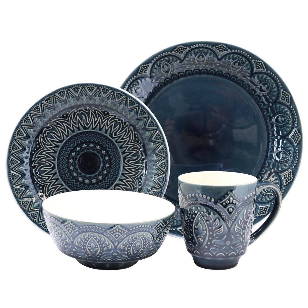 Navy Blue Embossed Ceramic 16-Piece Dinnerware Set
