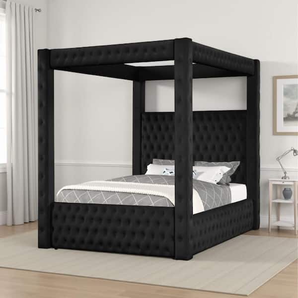 Beli Black Wood Frame Queen Canopy Bed with Tufted Design