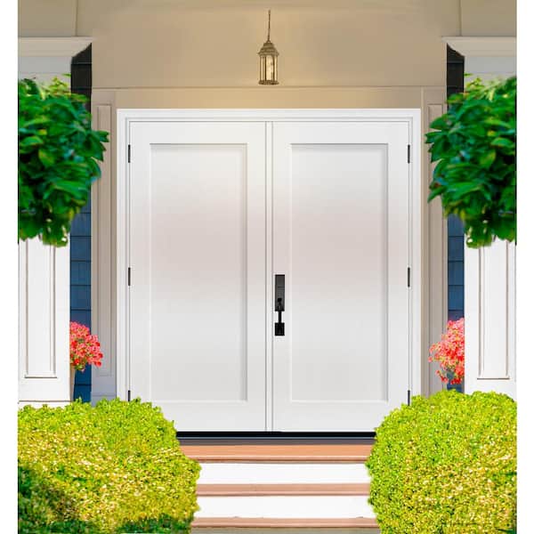Legacy 64 in. x 80 in. 1 Panel Shaker LHOS Unfinished White Fiberglass Double Prehung Front Door w/4-9/16 Jamb
