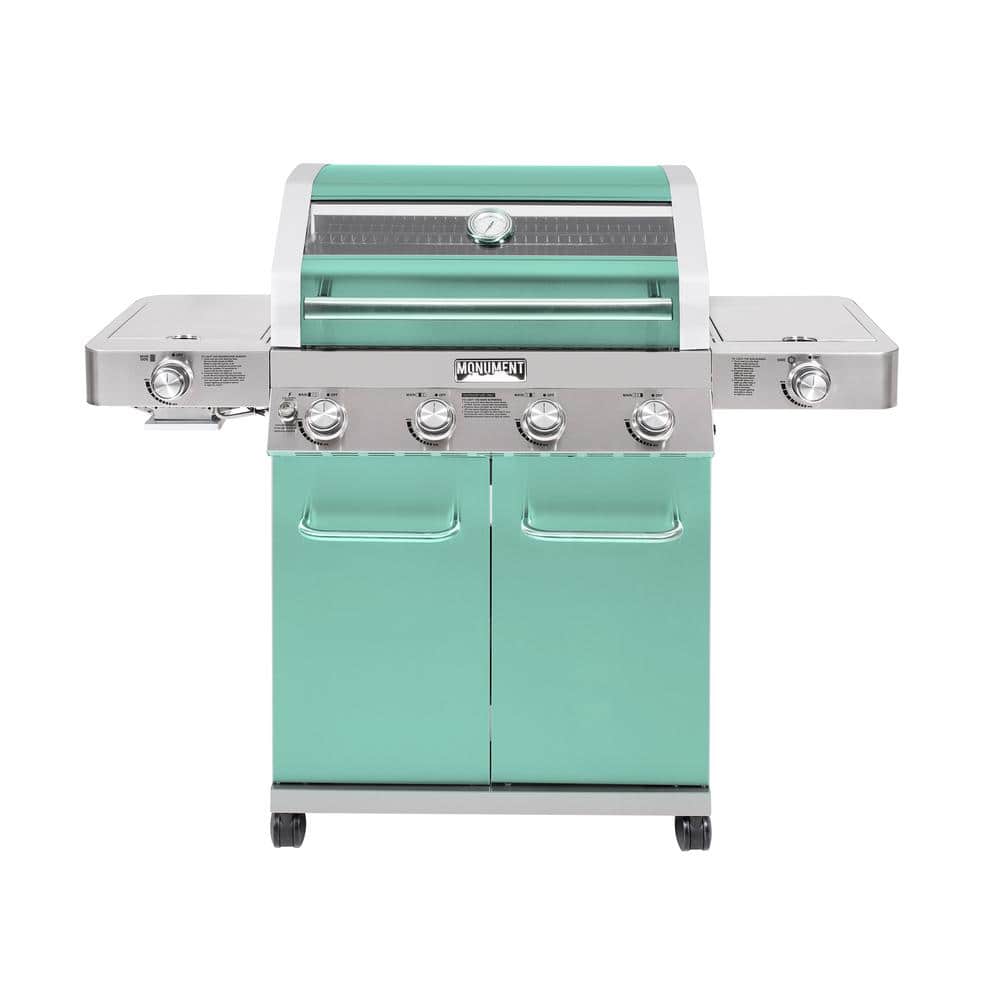 Green Stainless Steel 4-Burner Propane Gas Grill with Side Burner