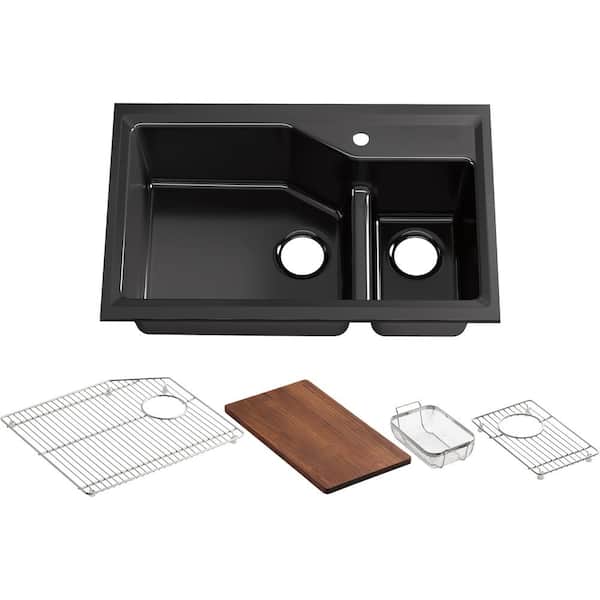 KOHLER Indio Smart Divide Undermount Cast-Iron 33 in. 1-Hole Double Bowl Kitchen Sink Kit in Black Black