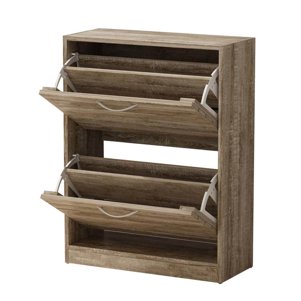 Natural Wood Shoe Storage Cabinet with Louver Doors and Flip Drawers