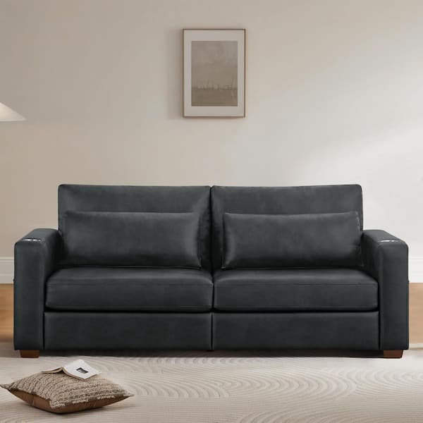 Dara 89 in.Square Arm Fabric Modern Rectangle Sofa with Solid Wood Legs,Cup Holders,USBandType C Charging Ports in Black
