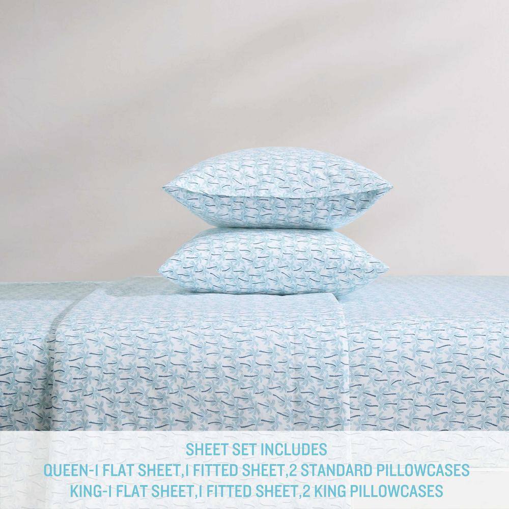 King Blue Cotton Percale Palm Print Sheet Set