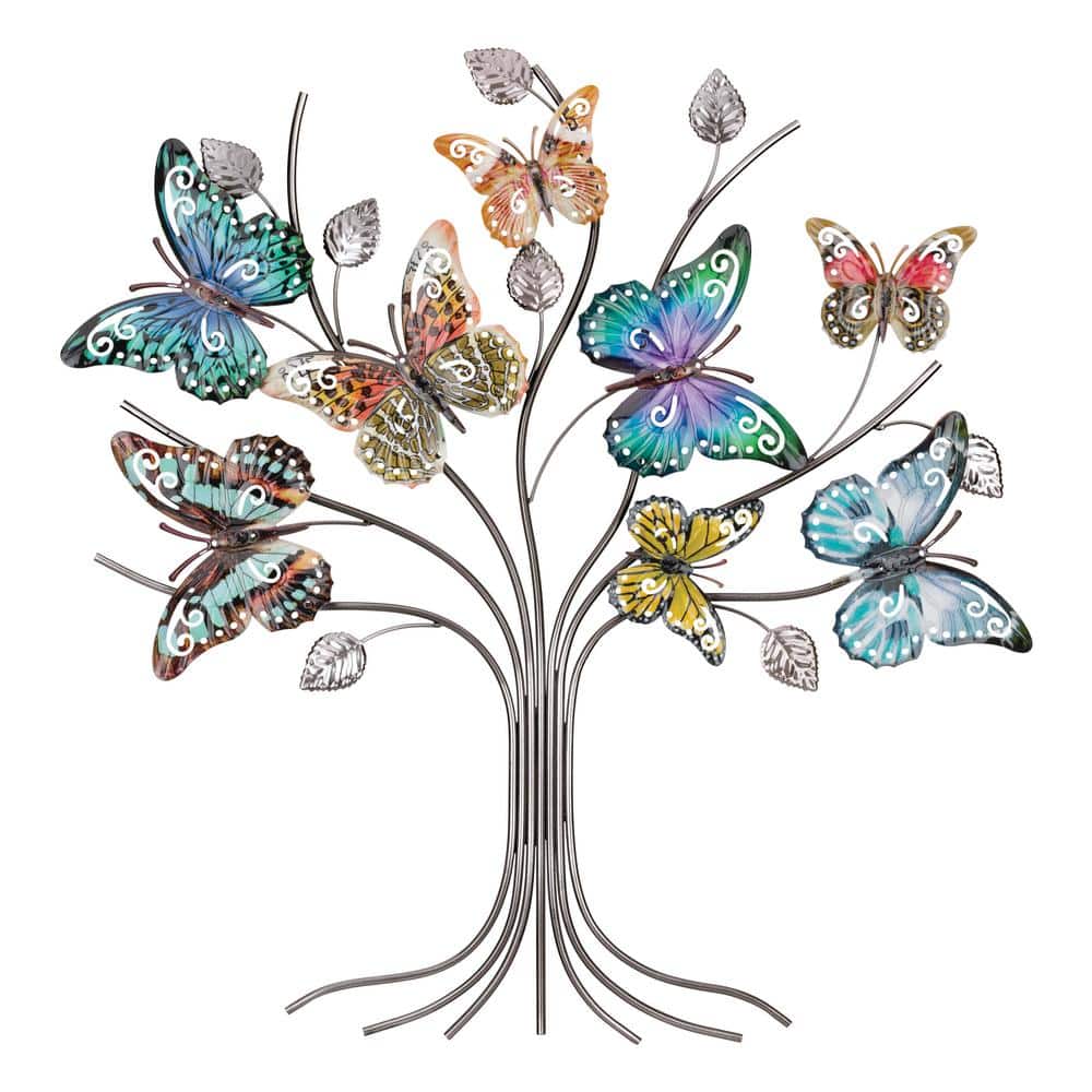 Silver Tree of Life Wall Art with Multicolor Butterflies