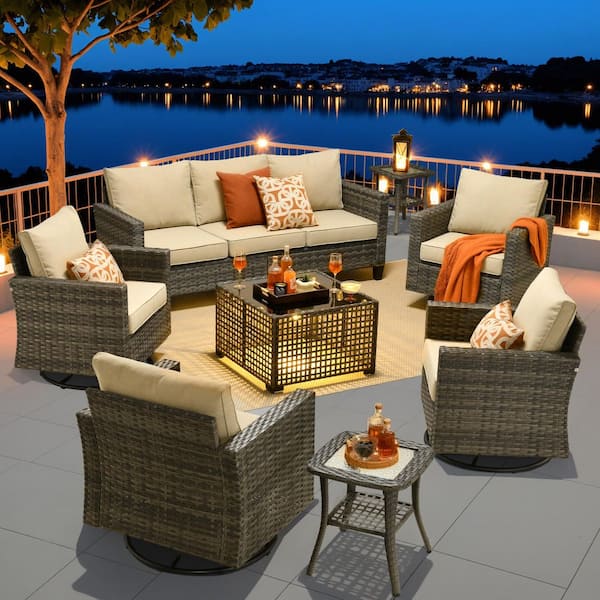 Scarlet 8-Piece Wicker Outdoor Patio Conversation Sofa Set with a Solar-Light Table, Swivel Chairs and Beige Cushions