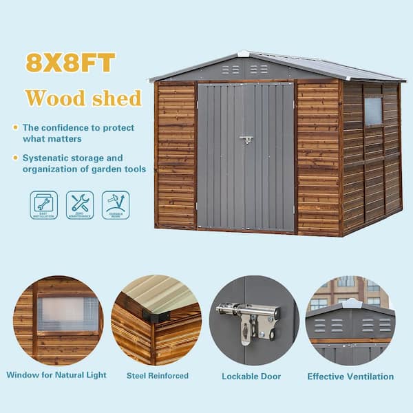 8 ft. x 8 ft. Outdoor Metal-Wood Combination Storage Shed with Windows and Lockable Door(64 Sq. ft.)