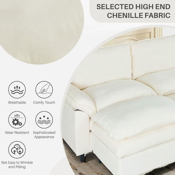 WONDER COMFORT Chic 118 in. Soft Pillowed Armrest 3-piece L Shaped Chenille Sectional Sofa Couch in Beige with 1-Ottoman TN-2127BG-3W+OT