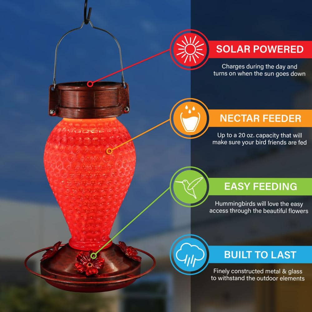 Solar Red Glass and Copper Hanging Hummingbird Feeder